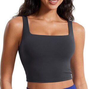 CRZ YOGA Butterluxe Womens Square Neck Longline Sports Bra Workout Black Medium
